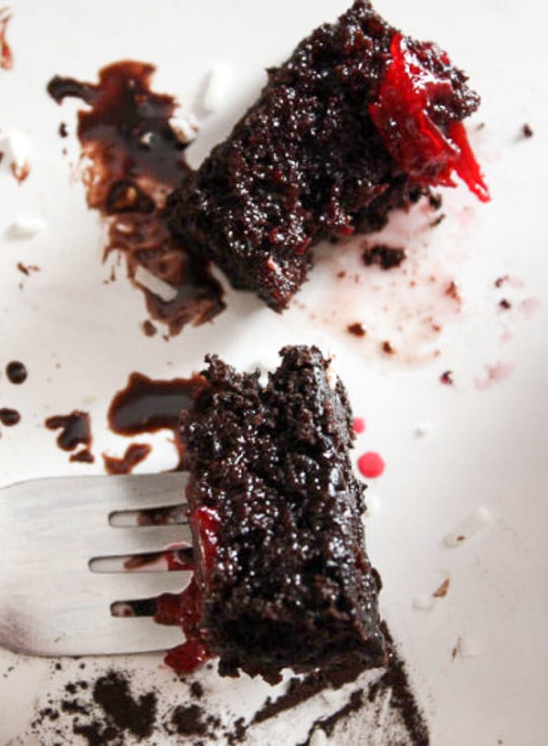 close-up of a half eaten chocolate cherry lamington with coconut