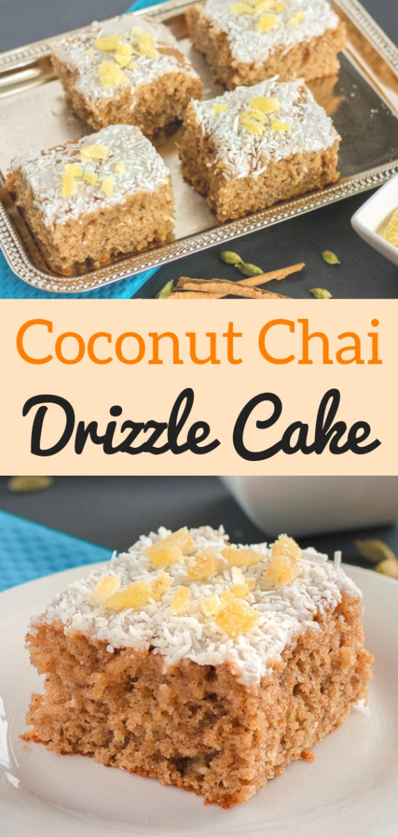 Coconut Chai Cake with Ginger Drizzle | Chai tea lovers will love this moist Coconut Chai Cake! A ginger drizzle added after baking makes for extra moistness. Coconut Glaze and Candied Ginger on top take this delicious traybake to the next level. #drizzlecake, #sheetcakerecipes
