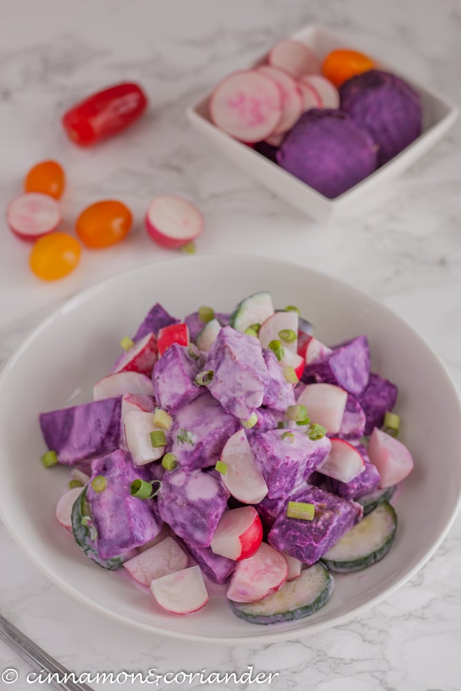 Lila Süßkartoffel Salat mit cremigem Kokosdressing | Vegane Beilagen