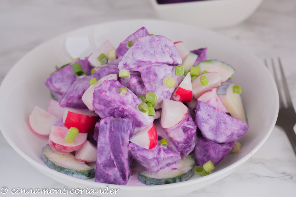 Purple Yam Salad with creamy Coconut Dressing Vegan
