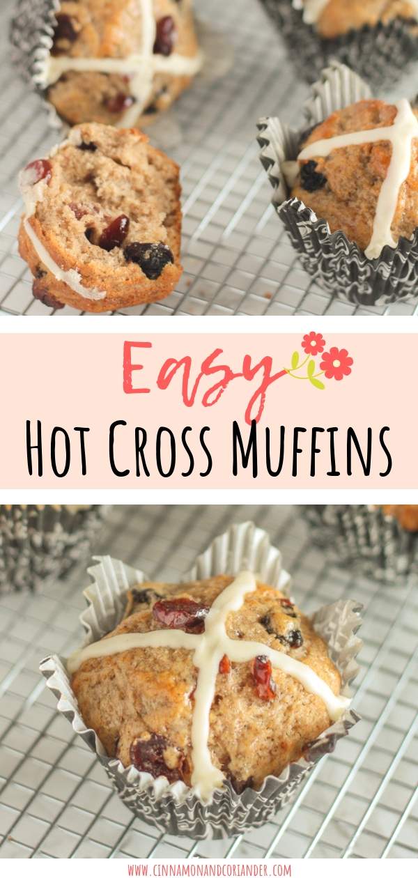 Easy Hot Cross Muffins | Looking for Easter breakfast ideas? Look no further than these hot cross muffins studded with dried fruit and spices! These are the perfect sweet treat for Easter Brunch #easterrecipes #easterbrunch