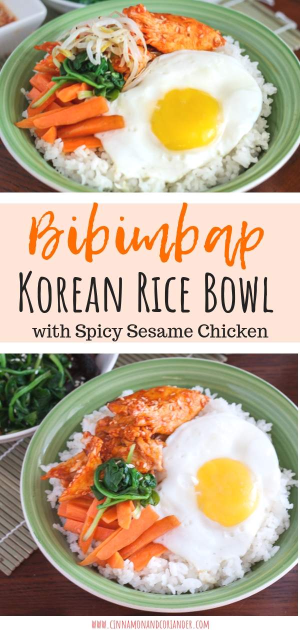 This easy recipe for Korean Bibimbap comes with an extra portion of delicious Spicy Sesame Gochujang Chicken! A satisfying Asian rice bowl recipe full of proteins and vegetables! Perfect for healthy meal prep#koreanfood #cleaneating
