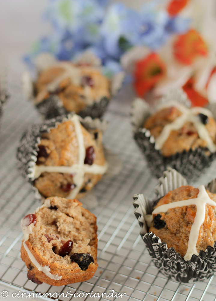 Hot Cross Bun Muffins with dried Fruit and Advocaat Glaze