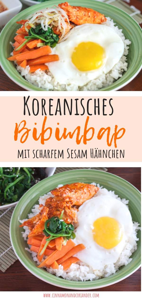 Bibimbap - der beliebte koreanische Reis Bowl ist schnell gemacht und super gesund. In diesem einfachen Rezept toppen wir unser Bibimbap mit leicht scharfem Sesam Hähnchen! #gesunderezepte #hähnchen