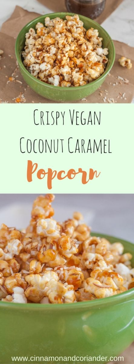Crispy Coconut Caramel Popcorn Vegan and Dairy Free - this is the perfect easy vegan TV snack for movie nights #veganrecipes, #popcorn 