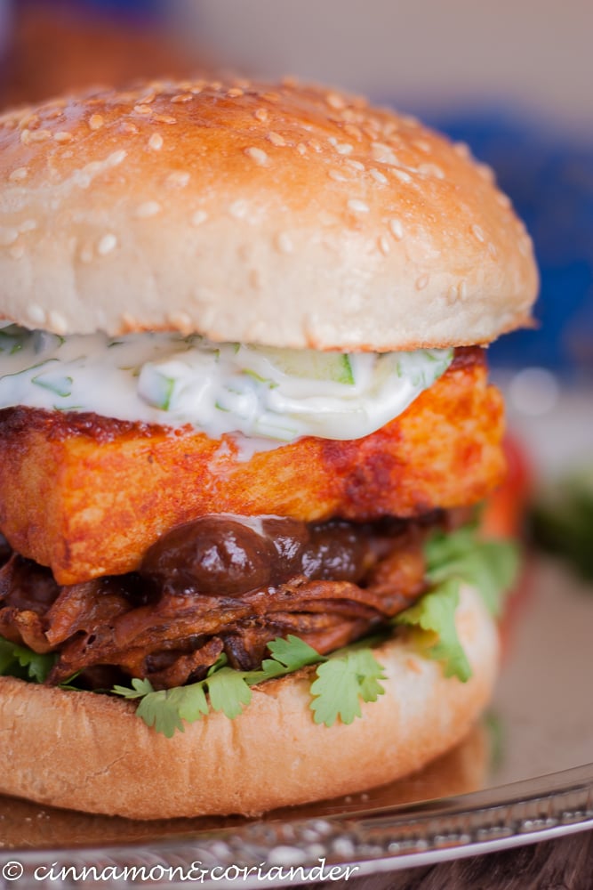 Vegetarian Burger with Onion Bhaji, Chili Garlic Paneer, Mango Chutney and Raita