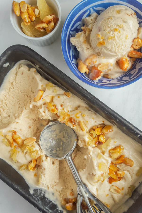 Dairy-free Thai Peanut Ice Cream | This Thai Ice Cream with Caramelized Peanuts & Candied Ginger will take you straight to Thailand. The use of coconut milk makes this homemade Thai Ice Cream a dairy-free ice cream dessert! #vegan, #recipes, #icecream, #summer, #dessert, #thailand