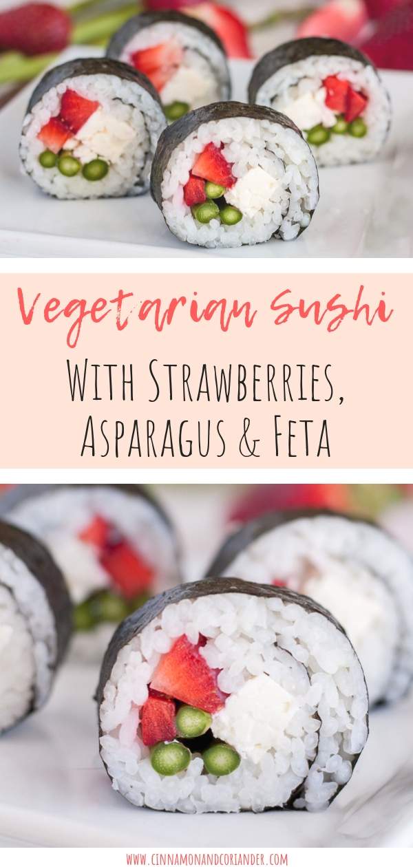 Try this healthy vegetarian sushi recipe with strawberries, green asparagus, and feta cheese! It makes for a perfect vegetarian lunch or snack for hot summer days! Perfect for clean eating and meal prepping #sushi #vegetarian