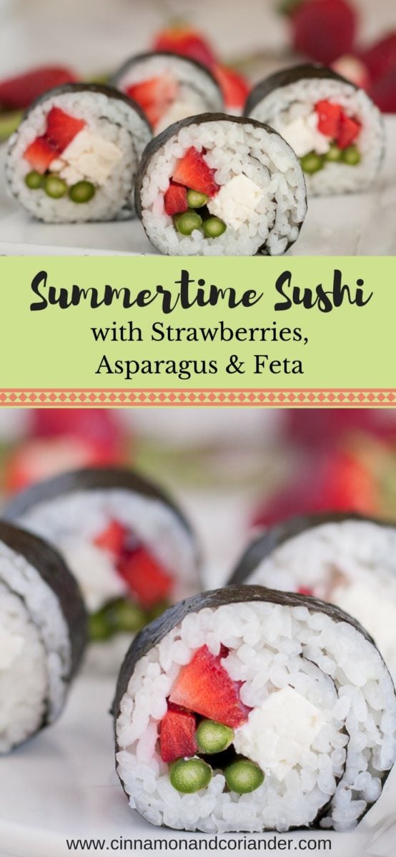 vegetarian sushi with strawberries green asparagus and feta cheese