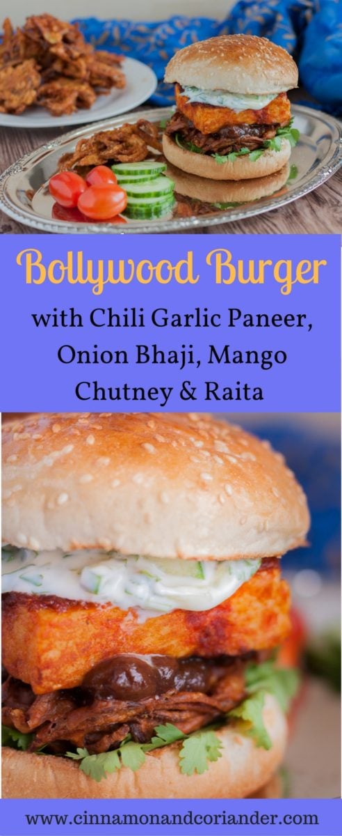 Indian-inspired Vegetarian Burger with pan-fried Chili Garlic Paneer, crispy Onion Bhaji, Mango Chutney and Raita! A