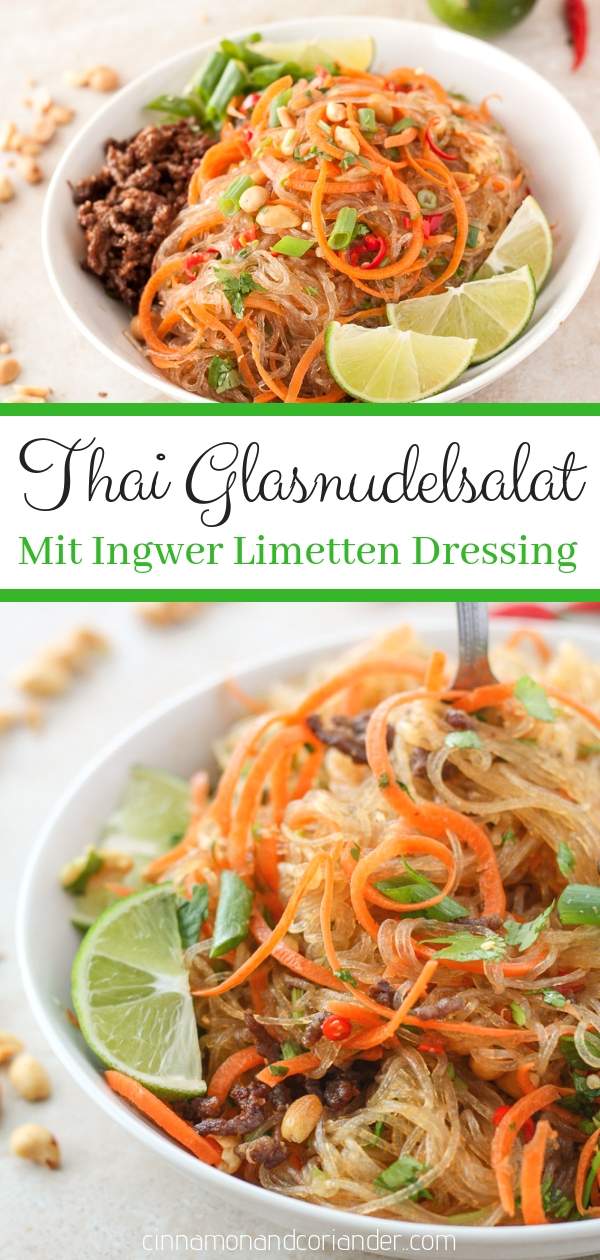 Thai Glasnudelsalat Yam Wun Sen - ein leichter gesunder thailändischer Salat mit Glasnudeln, Rinderhack, Erdnüssen, Koriander und erfrischendem Ingwer Limettendressing #salatrezepte, #gesunderezepte