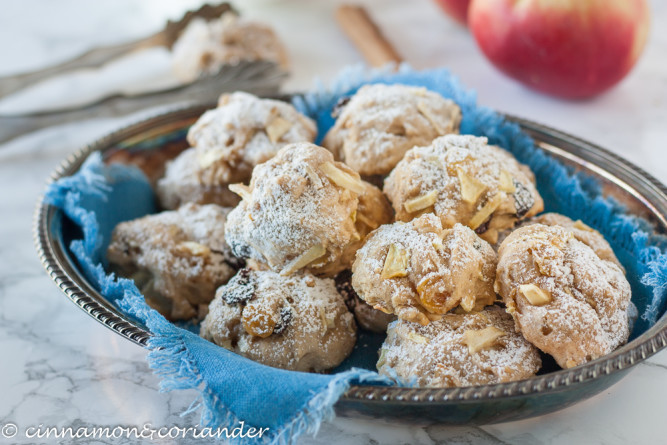 Close-up of German Apple Cake Cookies with Almonds and Rum Raisins on a cookie plate