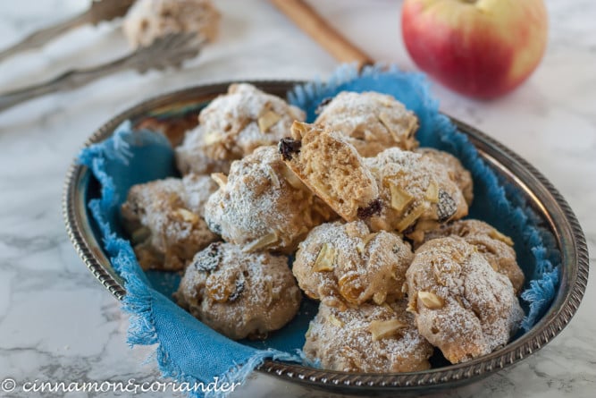 Soft German Apple Cookies studded with almonds and raisins and dusted with powdered sugar