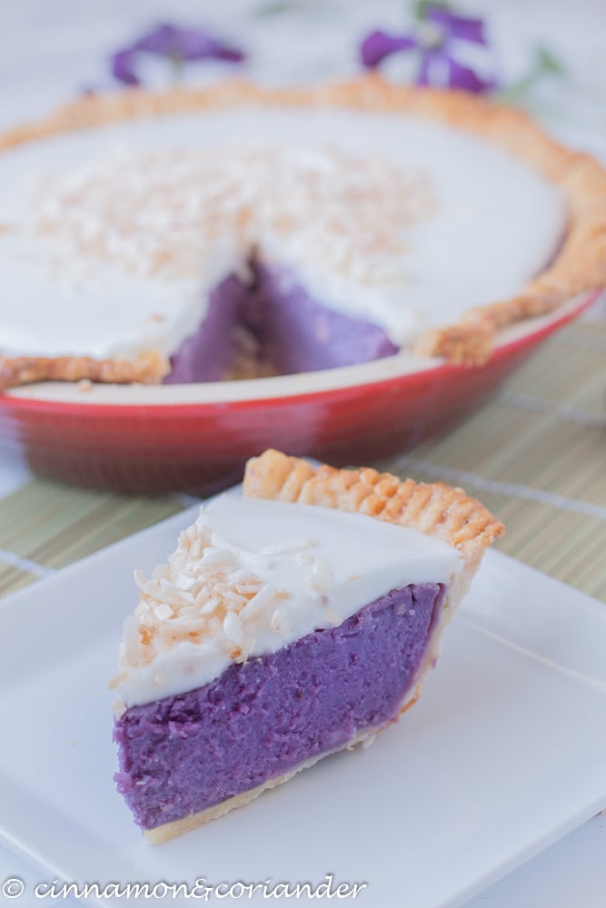 a slice of Hawaiian Purple Sweet Potato Pie with Haupia Coconut Topping