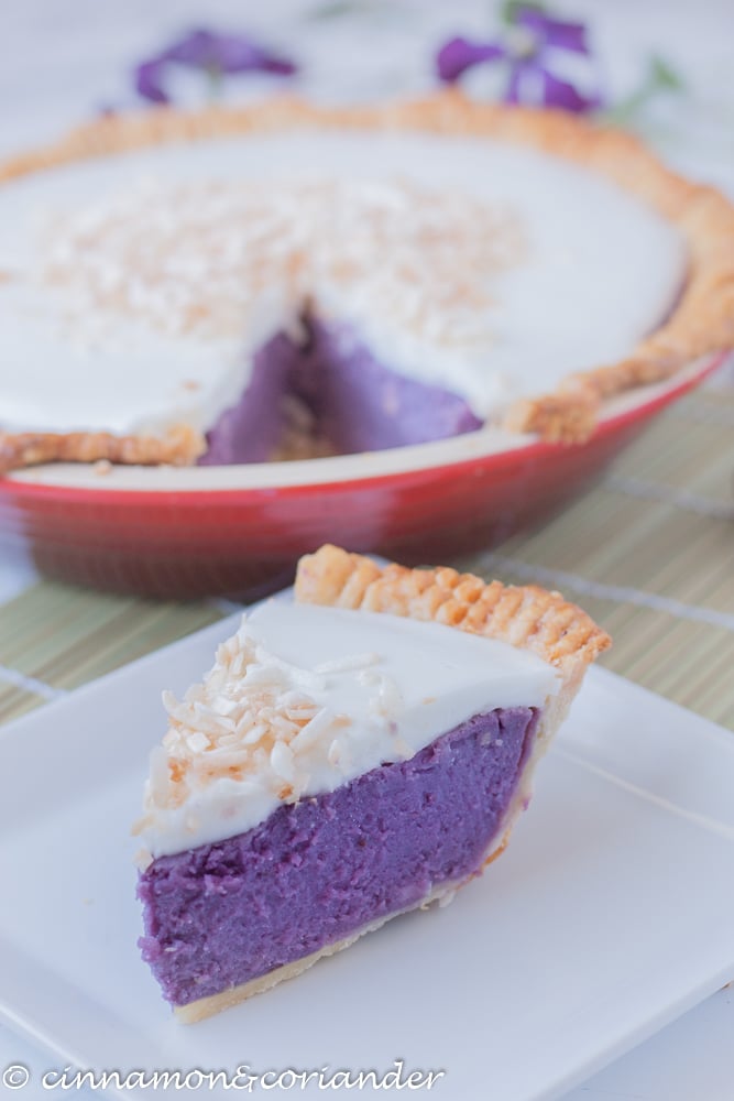 Hawaiian Purple Sweet Potato Pie with Haupia Coconut Topping 