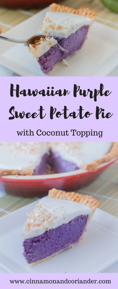 Purple Sweet Potato Pie with Coconut Custard Topping - an easy Hawaiian recipe for a showstopping homemade pie perfect for Thanksgiving. The filling uses evaporated milk and coconut milk for a creamy and smooth texture! Make this gluten-free using a coconut flour pie crust #Thanksgiving, #pierecipes, #homemade, #fromscratch, #glutenfree