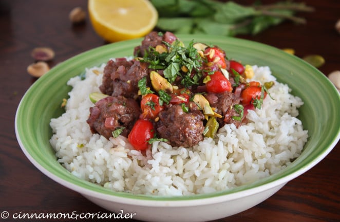 Lamb Koftas | Turkish Lamb Meatballs with Sour Cherry Sauce and Pistachios