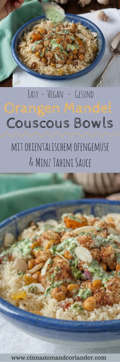 Veganer Couscous Bowl mit orientalischen Ofengemüse wie gerösteten Kichererbsen, Kürbis und Blumenkohl serviert mit Tahini Minz Sauce #veganerezepte, #gesunderezepte, #coucousbowl, #tahinisauce