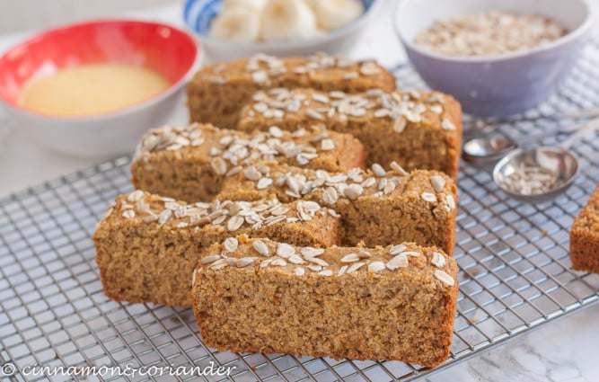 Best Healthy Vegan Banana Bread slices arranged on a cooling rack 