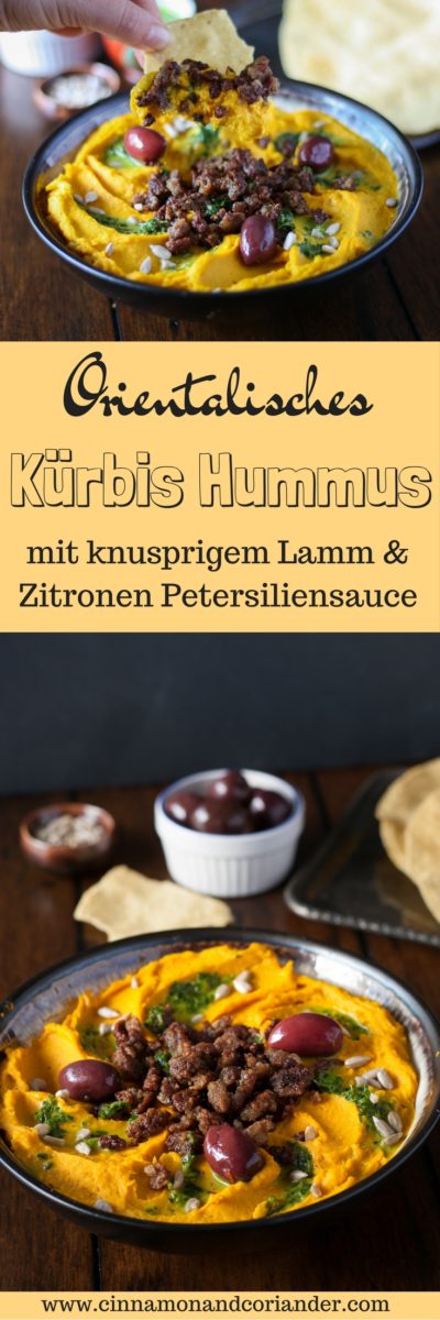 Kürbis Hummus mit knusprigem Lammhack und Zitronen Petersiliensauce