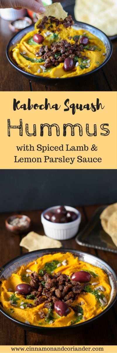 Roasted Kabocha Squash Hummus with Spiced Lamb and Lemon Parsley Sauce | an easy homemade hummus recipe with roasted kabocha squash and chickpeas served with ground lamb topping and a refreshing parsley sauce. An easy appetizer for fall and winter with tons of health benefits #easy, #appetizer, #hummus, #squash, #healthy, #lamb, #cleaneating, #roasted