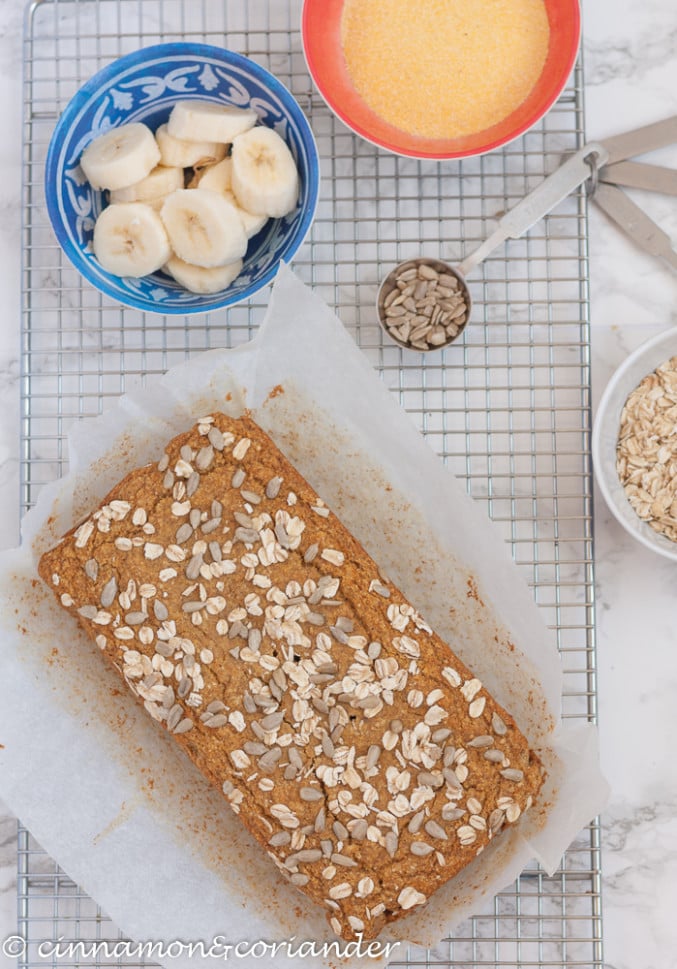 Healthy Vegan Banana Bread without sugar and gluten-free on a cooling rack