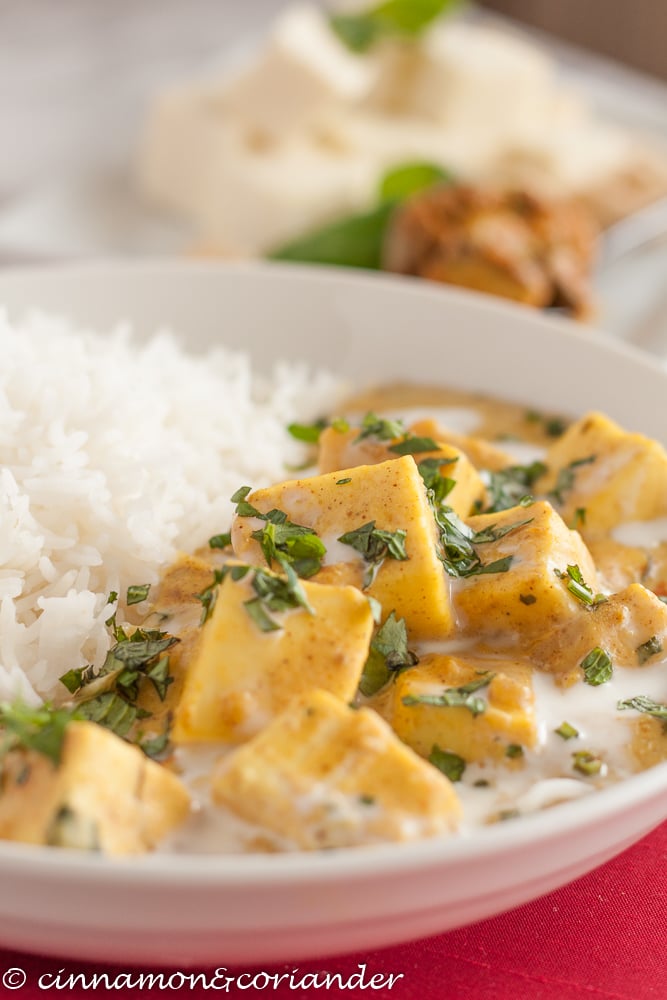 Authentic Vegetarian Achari Paneer Curry with Paneer Cheese, yogurt & Mango Pickle 