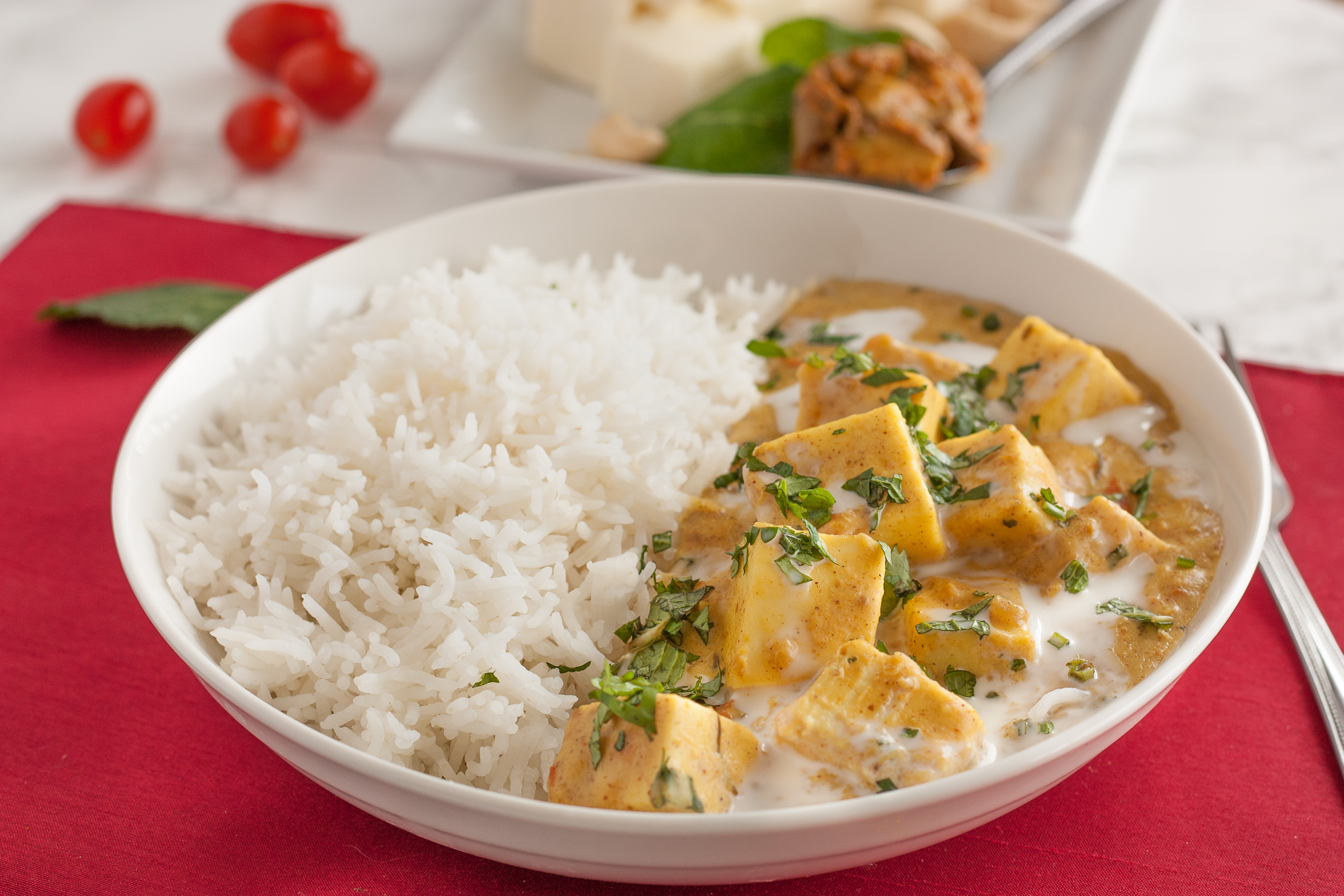 Vegetarian Achari Paneer Curry with Yogurt, Paneer and Mango Pickles 