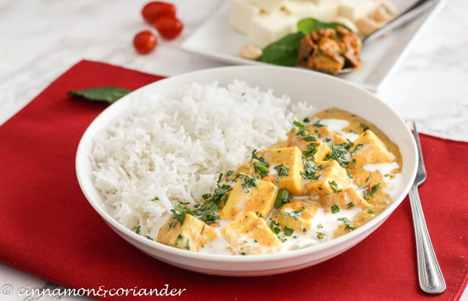 Vegetarian Achari Paneer Curry with Yogurt, Paneer Cheese and Mango Pickles 