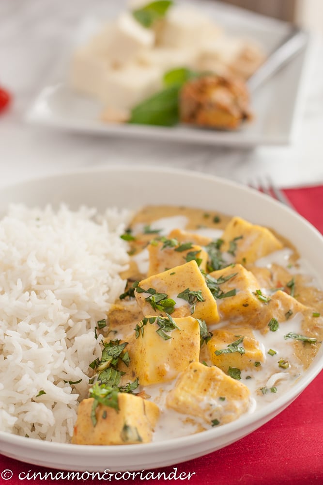 Vegetarisches Curry mit Joghurt, Paneer Käse, und Mango Pickle 