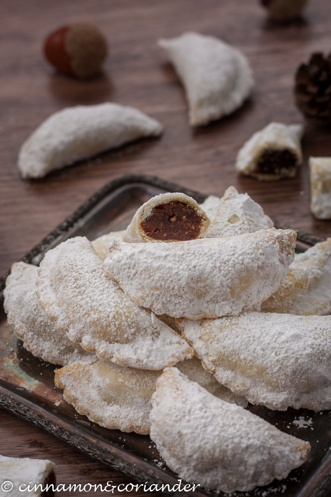 Authentic Italian Christmas Cookies with Chestnut Chocolate Filling - Chestnut Tortelli served on a silver platter