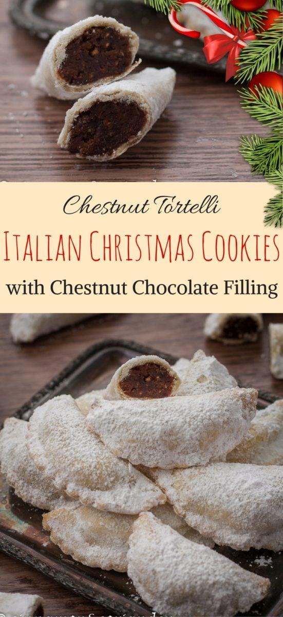 Italian Christmas Cookies with Chestnut Filling {Chestnut Tortelli} | Try this traditional recipe for buttery baked mini hand pies with a homemade chocolate and chestnut filling - it's the perfect cookie for the holidays #Christmas, #holidaybaking, #Italianrecipes
