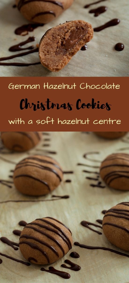 Stuffed German Chocolate Hazelnut Cookies | A traditional German Christmas Cookie Recipe for melt-in-your-mouth chocolate hazelnut cookies (nougat cookies) with a soft melted hazelnut center. #German, #christmas, #cookies, #easy, #baking, #holidays, #traditional 