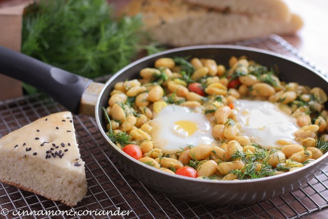 Iranian Lima Beans with Eggs and Dill Baghali Ghatogh served in a black skillet