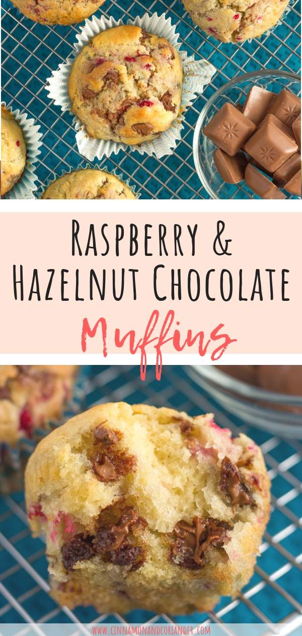Hazelnut Chocolate Raspberry Muffins | you gotta try these easy chocolate chip stuffed baker-style muffins! They make the best on-the-go breakfast or brunch treat! Serve them for Mother's Day or Easter! They get their moist and fluffy texture from a secret ingredient #muffins #easter 