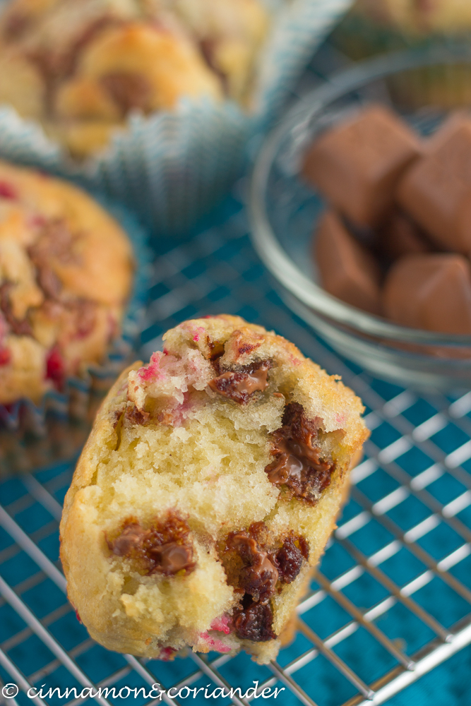 halved Raspberry Muffins with melted Hazelnut Chocolate Chunks