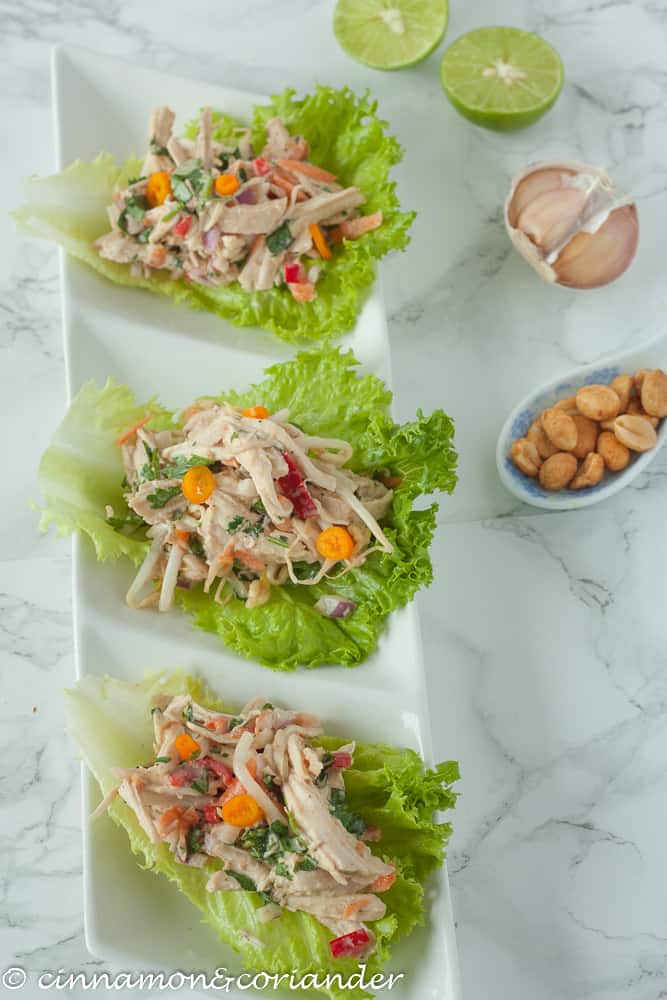 Indonesian Healthy Peanut Chicken Lettuce Wraps on a white plate