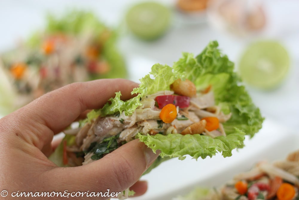 a hand holding a healthy peanut chicken lettuce wrap