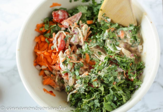 Indonesian Peanut Chicken Salad with Peanut Lime Dressing in a bowl