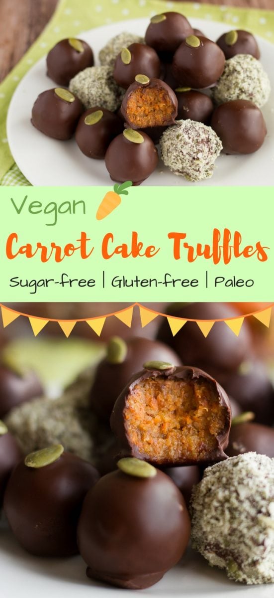 Healthy Vegan Carrot Cake Truffles - an easy no-bake cake truffle recipe that is gluten-free, paleo, sugar-free and SO GOOD! The perfect healthy Easter treat recipe #easter, #carrotcake