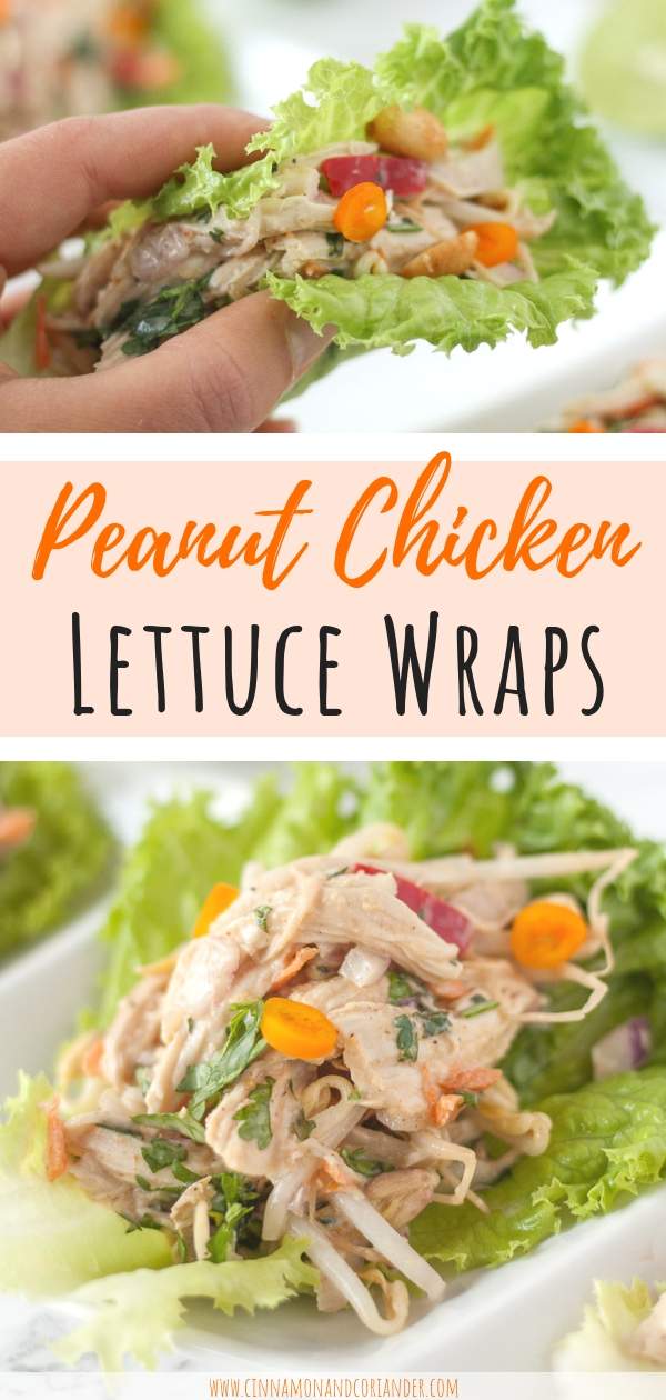 Healthy Peanut Chicken Lettuce Wraps | These easy lettuce wraps feature a light Asian peanut sauce and fresh herbs! The perfect light low-carb and keto lunch or light dinner. Perfect for clean eating meal prep #lettucewraps, #chicken