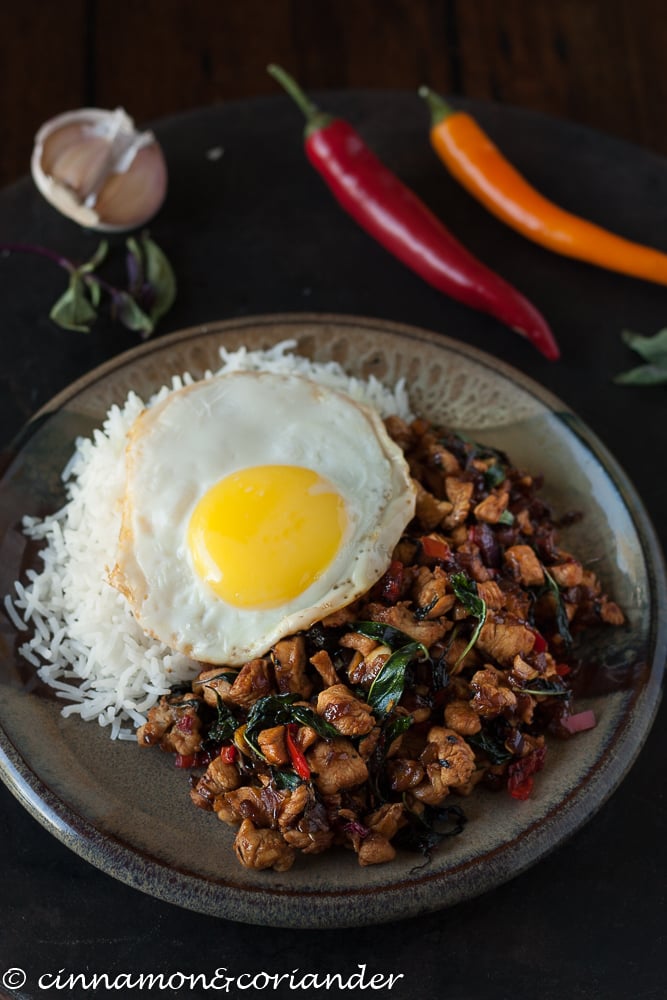 easy Chili thai holy basil chicken stir-fry served with a fried egg
