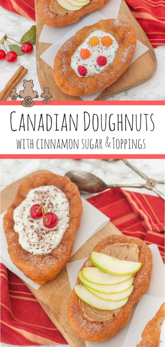 Canadian Doughnuts (beaver tail shaped) with cinnamon sugar and toppings