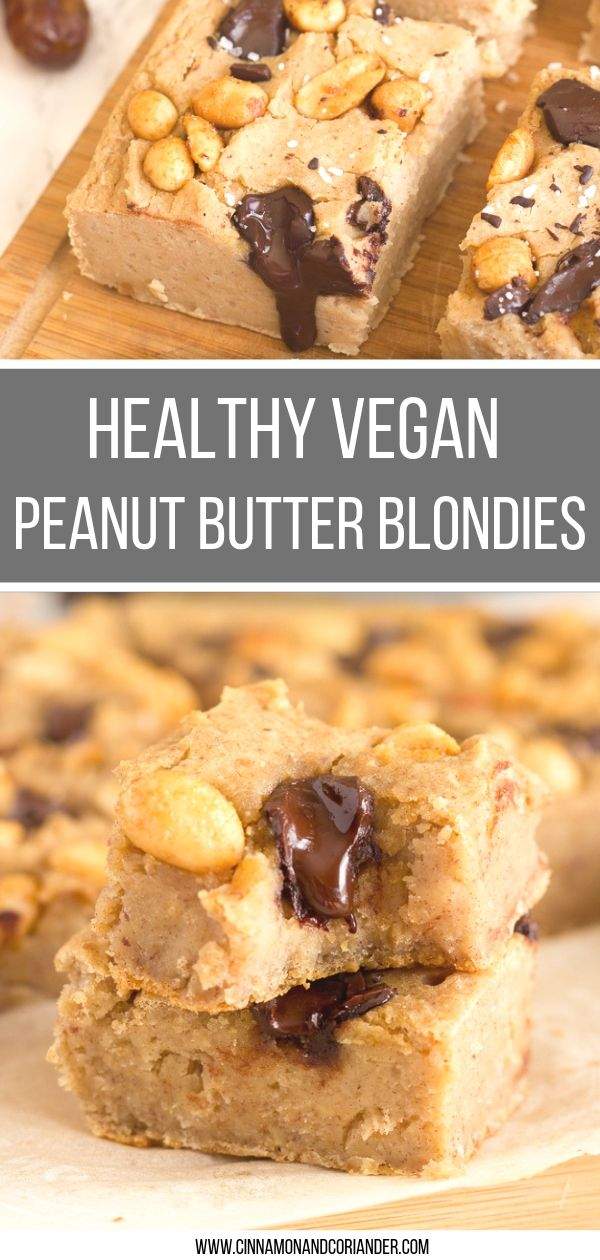 Healthy Vegan Peanut Butter Blondies |Try these ooey-gooey Vegan Blondies made from scratch with Peanut Butter and Dark Chocolate and a secret ingredient - white beans! Packed with protein and healthy fats! Not only lovers of healthy desserts will fall in love with this sugar-free, dairy-free and gluten-free treat!  #vegandessert #sugarfree #glutenfree #dairyfree #peanutbutter