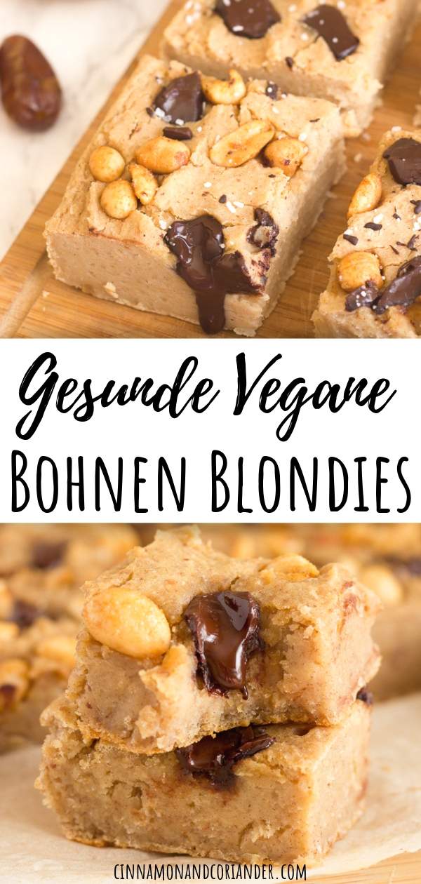 Vegane Bohnen Blondies mit Schokoladenstückchen und Erdnüssen! Glutenfrei, kalorienarm und so lecker! Ein figur-freundliches Dessert ohne Zucker #zuckerfrei #glutenfrei #dessert 