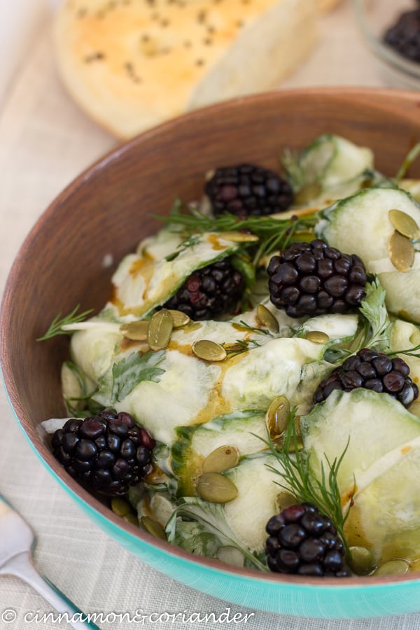 Vegan Creamy Cucumber Salad with Dill, Blackberries and Pumpkin Seeds