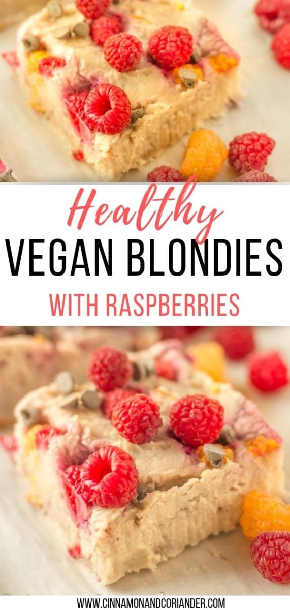 healthy vegan blondies with raspberries and chocolate chips - pinterest graphic