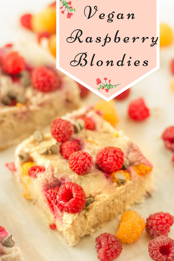 Vegan Raspberry Blondies - These Vegan Blondies are a decadent, yet healthy vegan dessert that tastes just like white chocolate blondies - without the calories and without added sugar! An easy to make, high-protein dessert with only a few ingredients. #dessert, #sugarfree, #vegan, #blondies, #healthy, #glutenfree