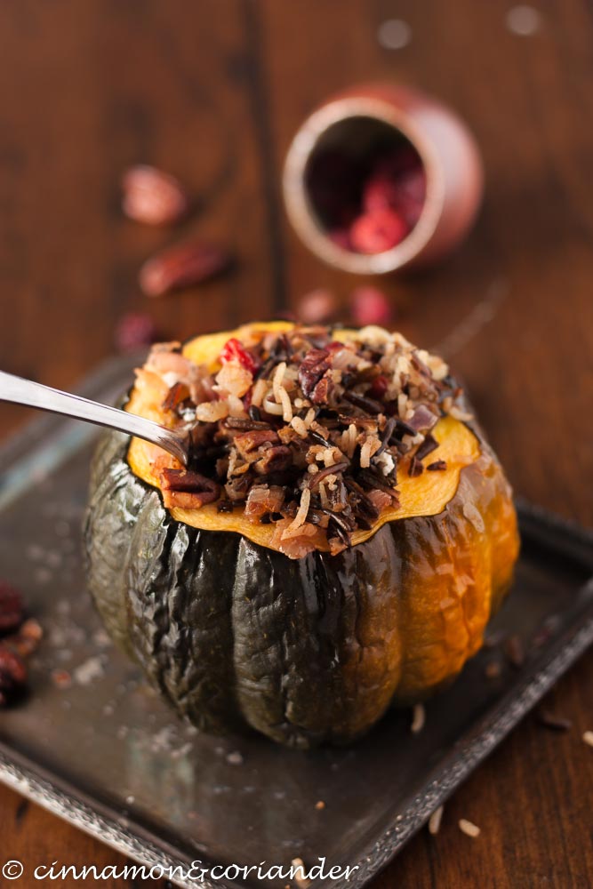 Stuffed Acorn Squash with Wild Rice, Cherries, Pecans & Goat Cheese