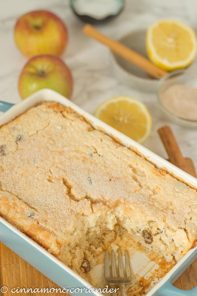 Baked rice pudding with apples in a casserole dish